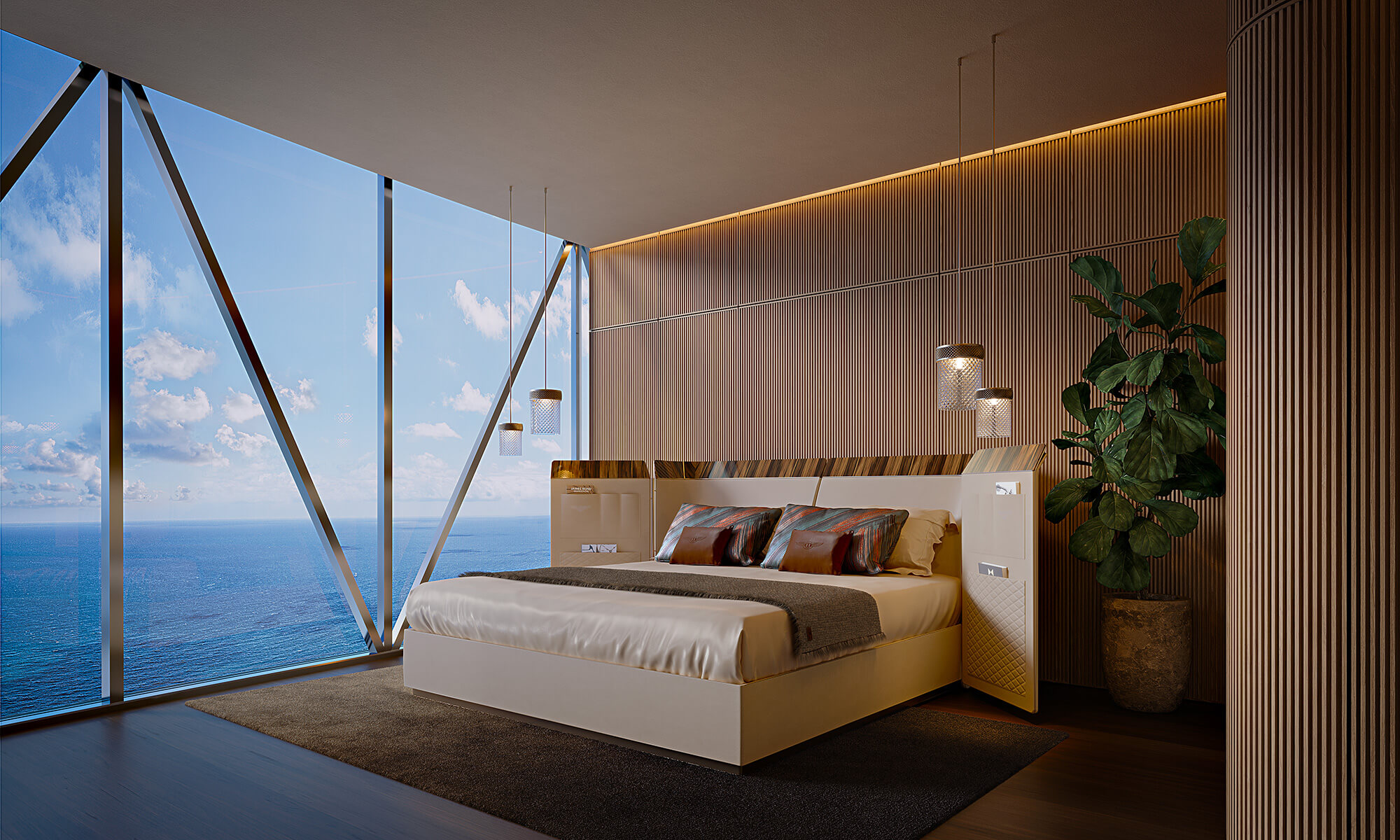 A beautiful oceanside tower with a reflective glass facade